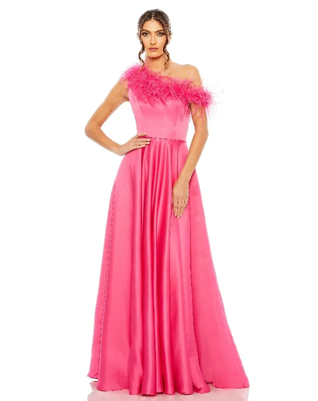 One Shoulder A Line Gown With Feather Detail