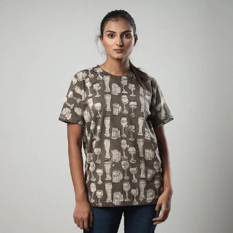 Brown - Bindaas Block Art Printed Cotton Round Neck T-shirt