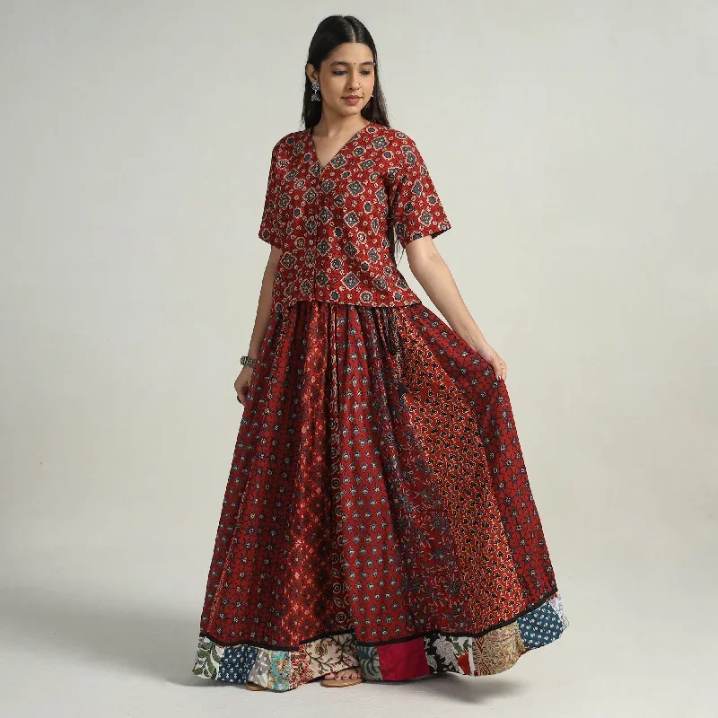 Red - Kutch Block Printed 24 Kali Cotton Long Skirt 01