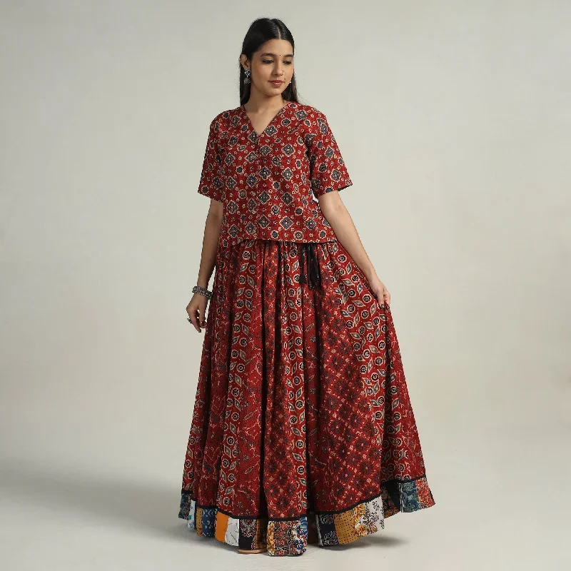 Red - Kutch Block Printed 24 Kali Cotton Long Skirt 04