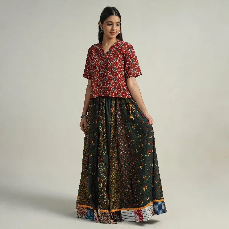 Green - Kutch Block Printed 24 Kali Cotton Long Skirt 05