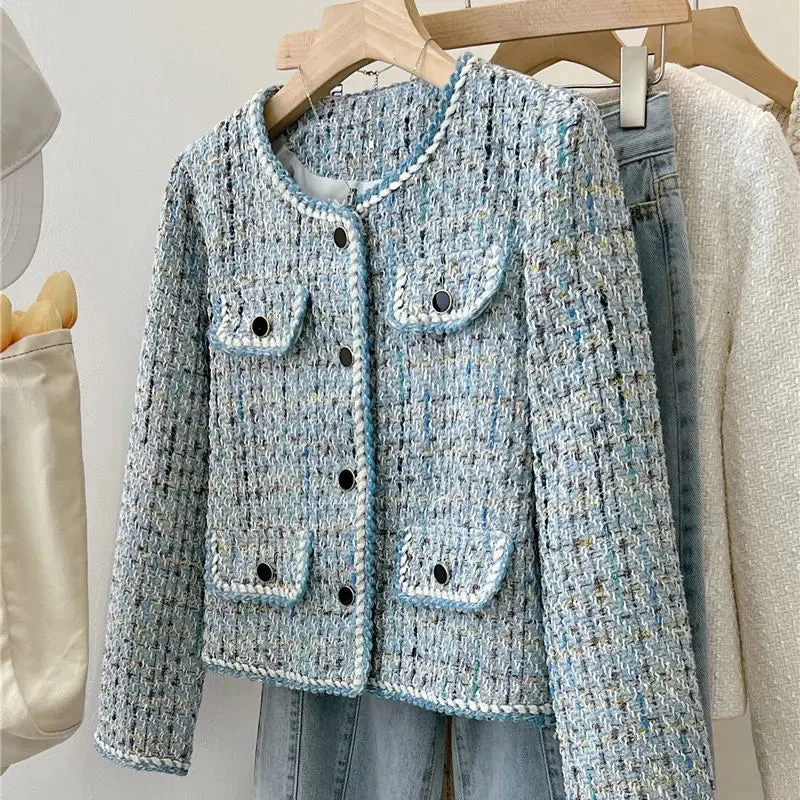 Getadme-2024 Autumn Winter New Blue Tweed Knitted Coat Women's French Style Overcoat Small Fragrant Style Outwear Suit Top Short Jacket