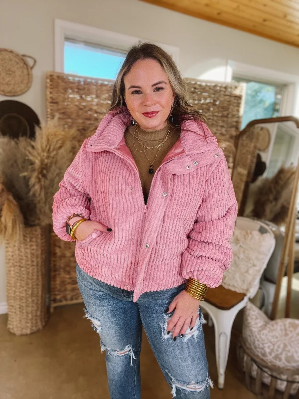 Driving North Button and Zip Up Plush Ribbed Jacket in Pink