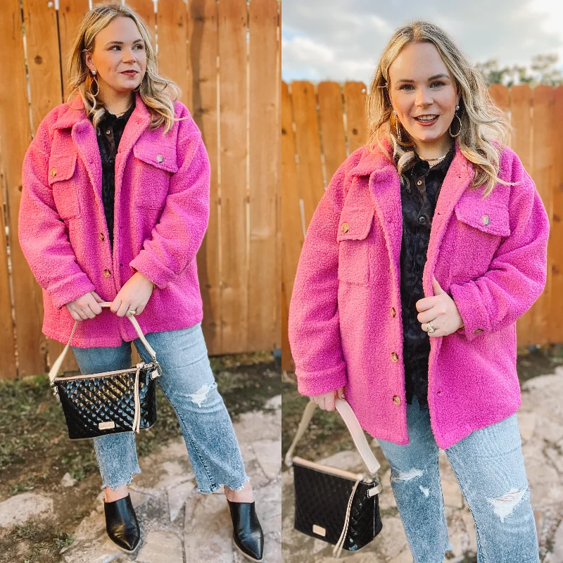 Plush Comfort Button Up Sherpa Shacket in Hot Pink