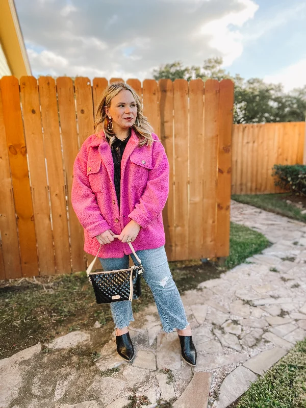 Plush Comfort Button Up Sherpa Shacket in Hot Pink