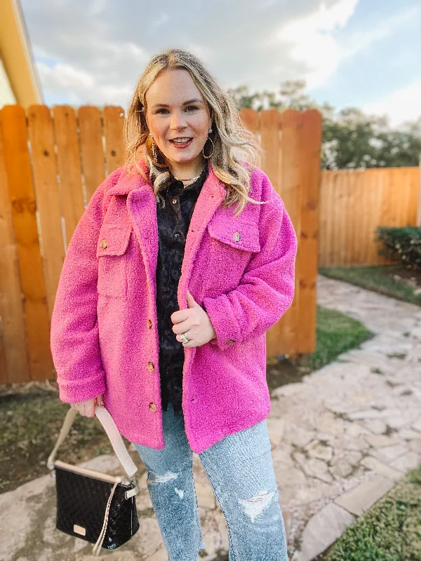 Plush Comfort Button Up Sherpa Shacket in Hot Pink