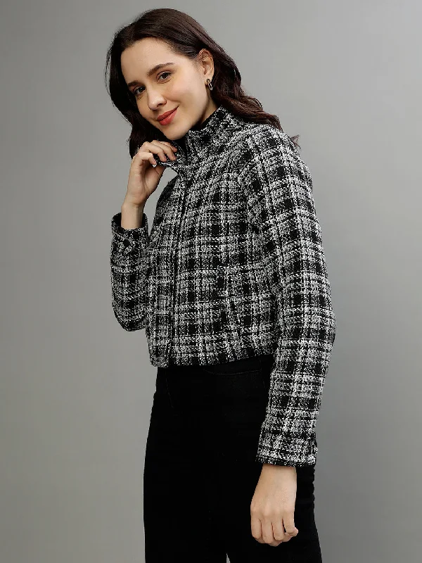 Elle Women Checked High Neck Full Sleeves Jacket