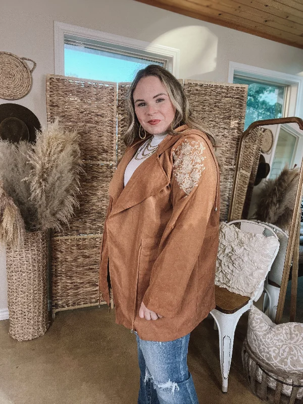 Fill Up Your Cup Embroidered Suede Utility Jacket in Tan