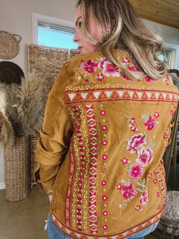 Small Town Girl Floral Embroidered Suede Button Up Jacket in Camel Brown