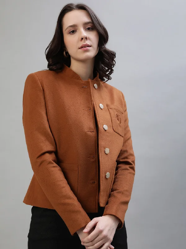 Iconic Women Tan Solid Collar Jacket