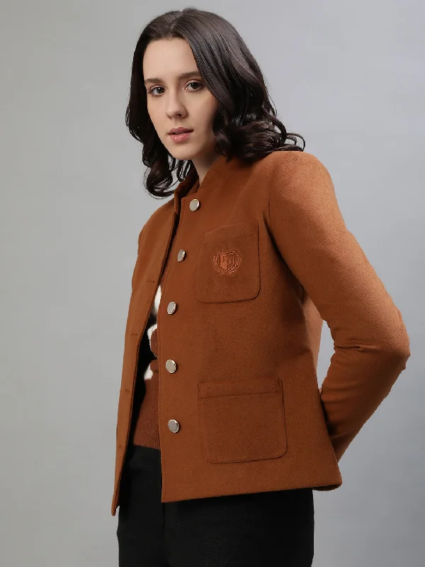 Iconic Women Tan Solid Collar Jacket