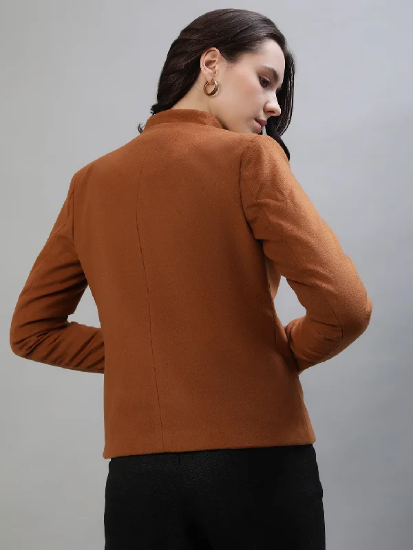 Iconic Women Tan Solid Collar Jacket