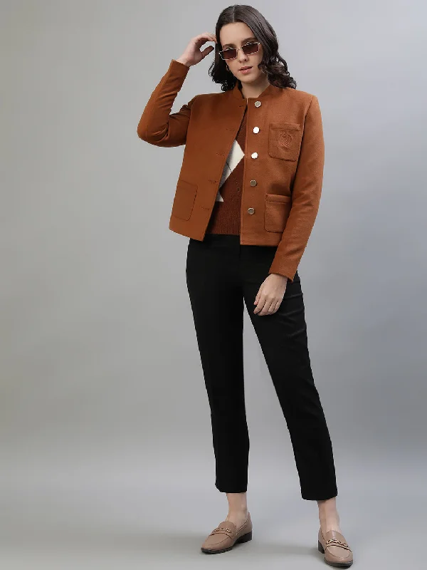 Iconic Women Tan Solid Collar Jacket