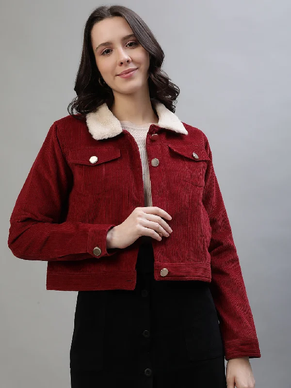 Iconic Women Red Solid Collar Jacket