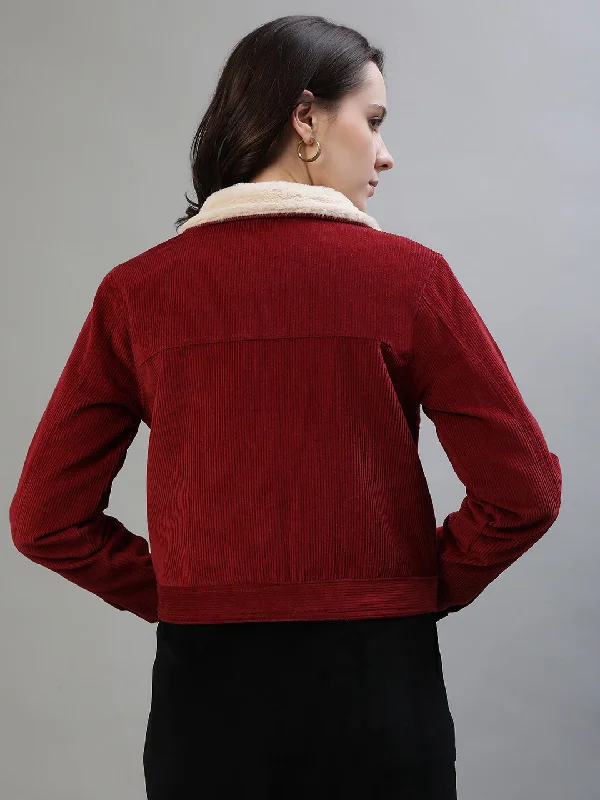 Iconic Women Red Solid Collar Jacket