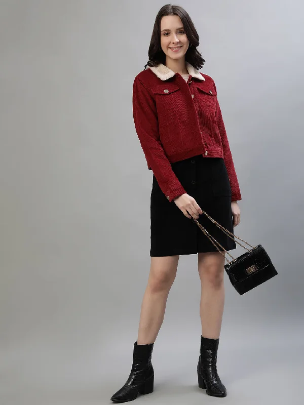 Iconic Women Red Solid Collar Jacket