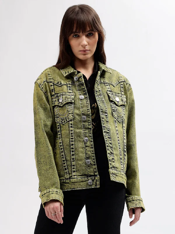 True Religion Women Green Solid Shirt Collar Full Sleeves Jacket