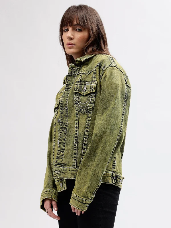 True Religion Women Green Solid Shirt Collar Full Sleeves Jacket