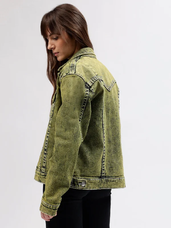 True Religion Women Green Solid Shirt Collar Full Sleeves Jacket