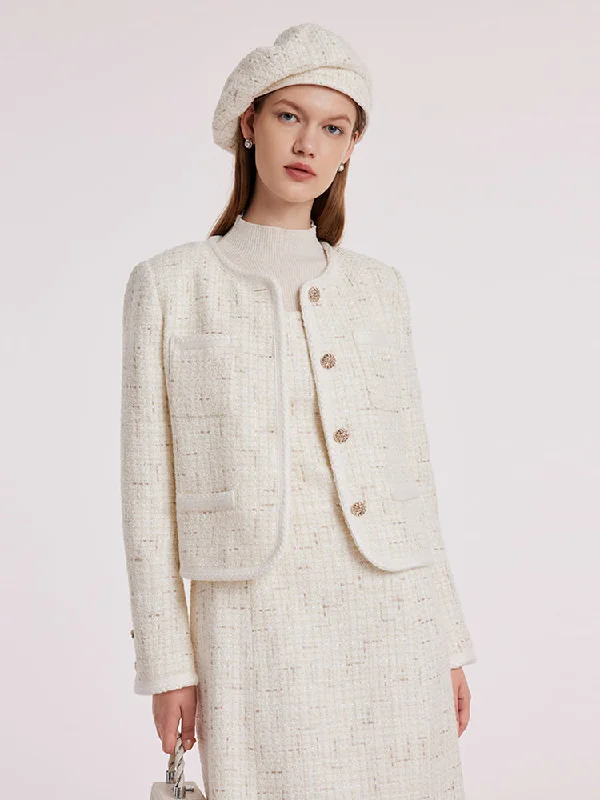 White Knitted Tweed Crop Jacket