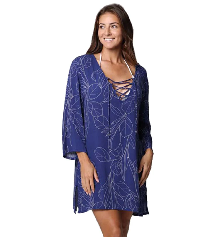 J.Valdi Women's Calathea Lace Neck Tunic Cover Up Navy Beige