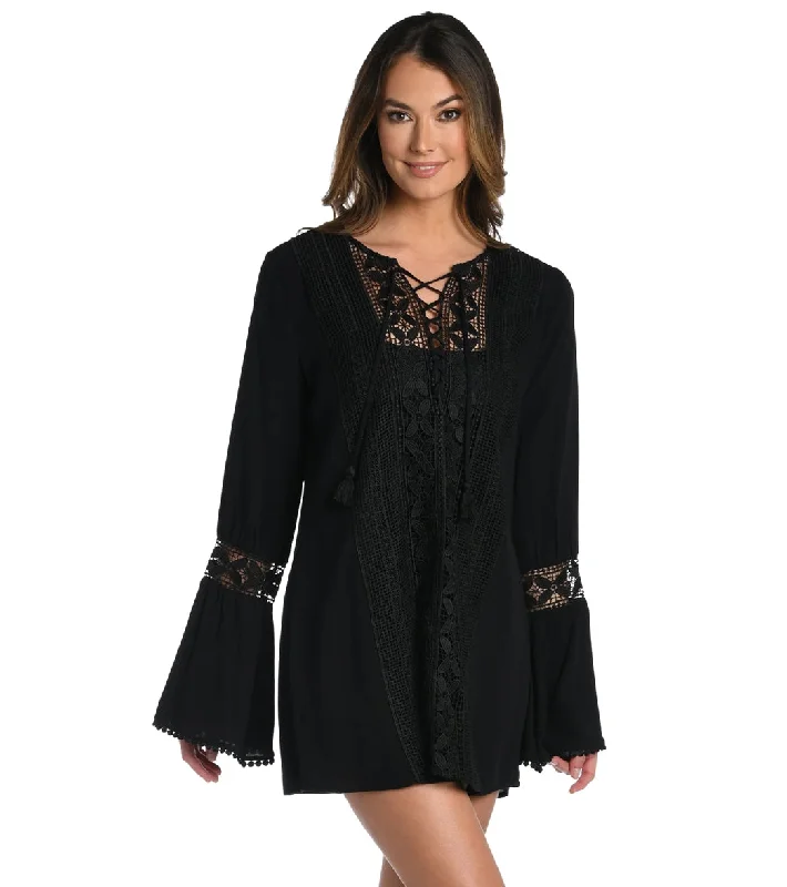 La Blanca Women's Coastal Covers Lace Up Cover Up Tunic Black