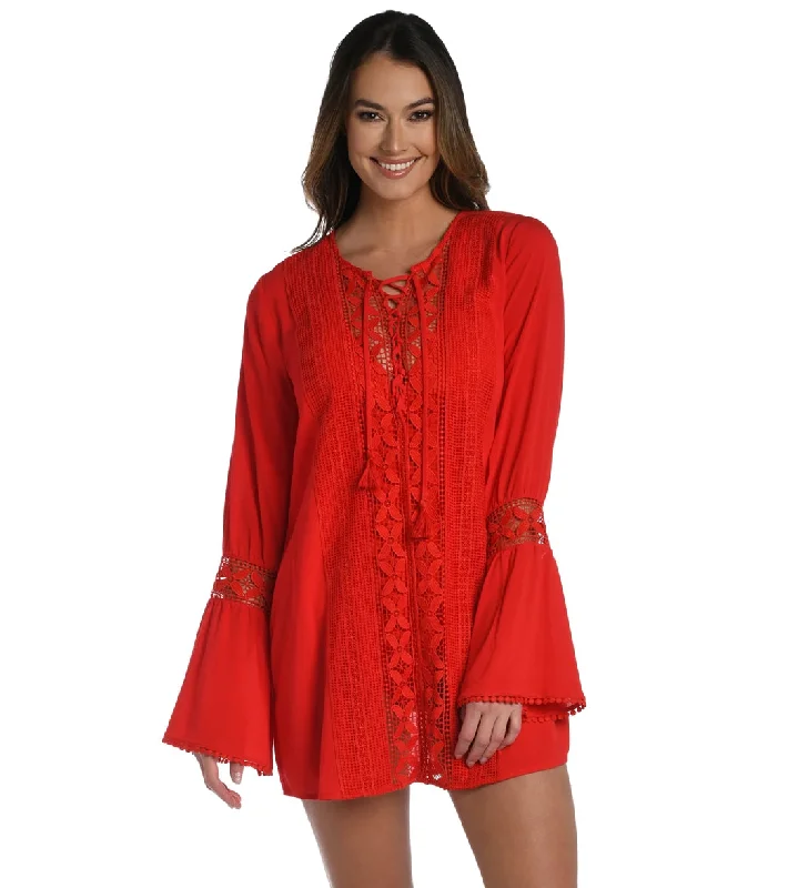 La Blanca Women's Coastal Covers Lace Up Cover Up Tunic Cherry