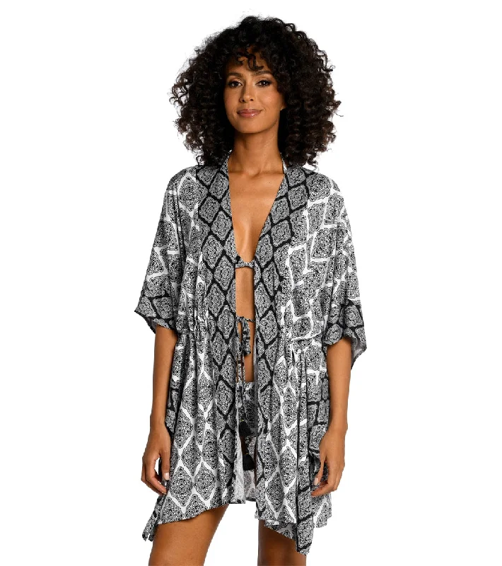 La Blanca Women's Oasis Tile Front Tie Kimono Black/White