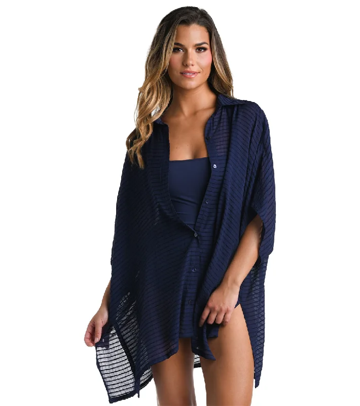 La Blanca Women's Shadow Stripe Convertible Shirtdress Indigo