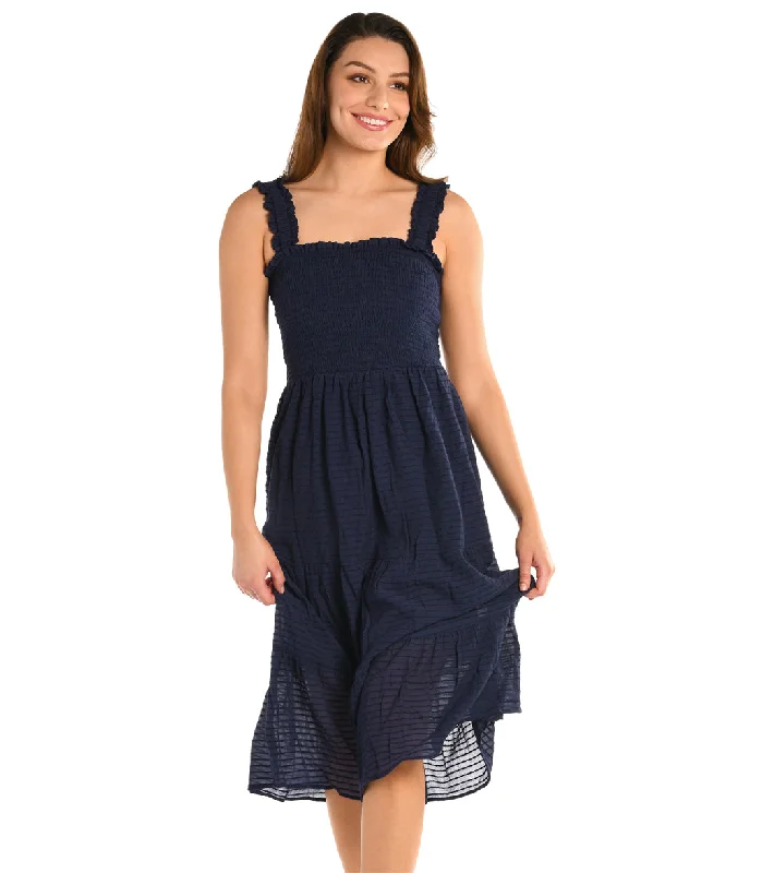 La Blanca Women's Shadow Stripe Smocked Midi Dress Indigo