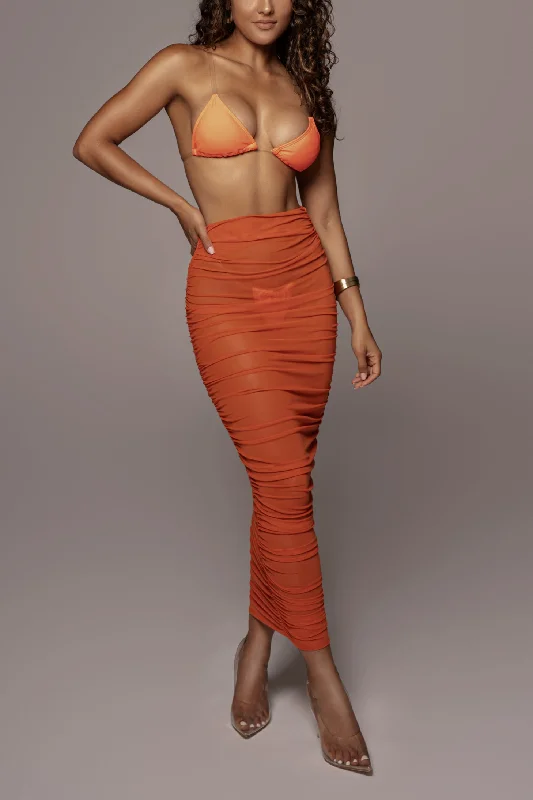 Orange Mesh Ruched Cover Up Skirt