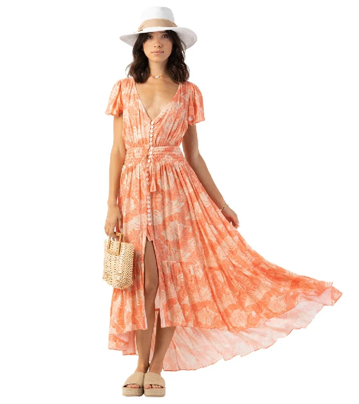 Tiare Hawaii Women's New Moon Maxi Dress Naturals Banana Leaves Coral