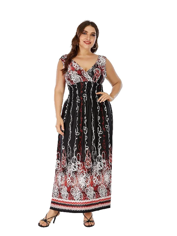 KittenAlarm - Plus Size Double V-neck Paisley Print High Elastic Waist Maxi Dress Beach Dress