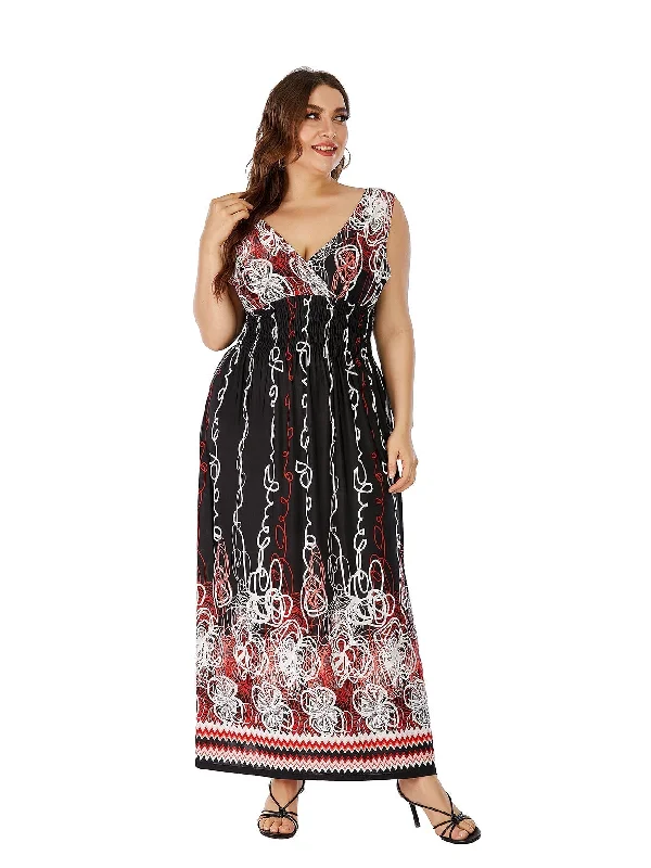 KittenAlarm - Plus Size Double V-neck Paisley Print High Elastic Waist Maxi Dress Beach Dress