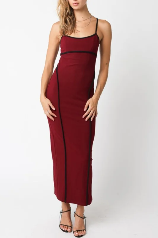 Waitlist 8/20 ♥ Addy Sleeveless Contrast Stitching Midi Dress Burgundy