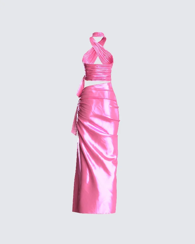 Alaina Pink Satin Maxi Dress