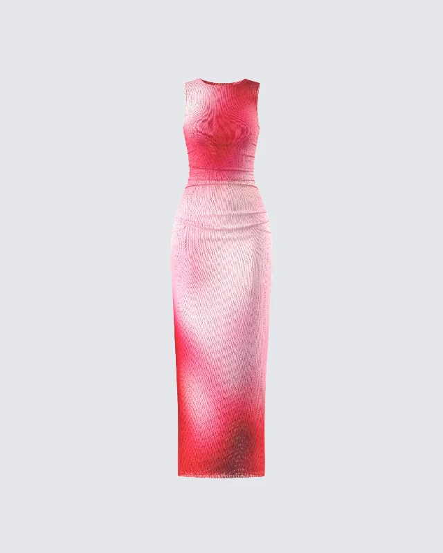 Aldina Red Print Mesh Maxi Dress