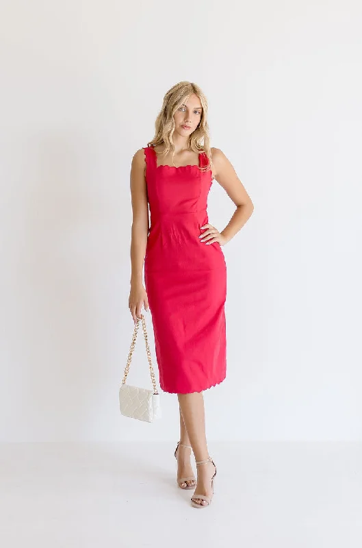 Alyce Sleeveless Scalloped Linen Midi Dress Red