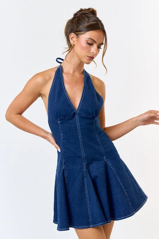 Anita Sleeveless Halter Denim Mini Dress Dark Wash