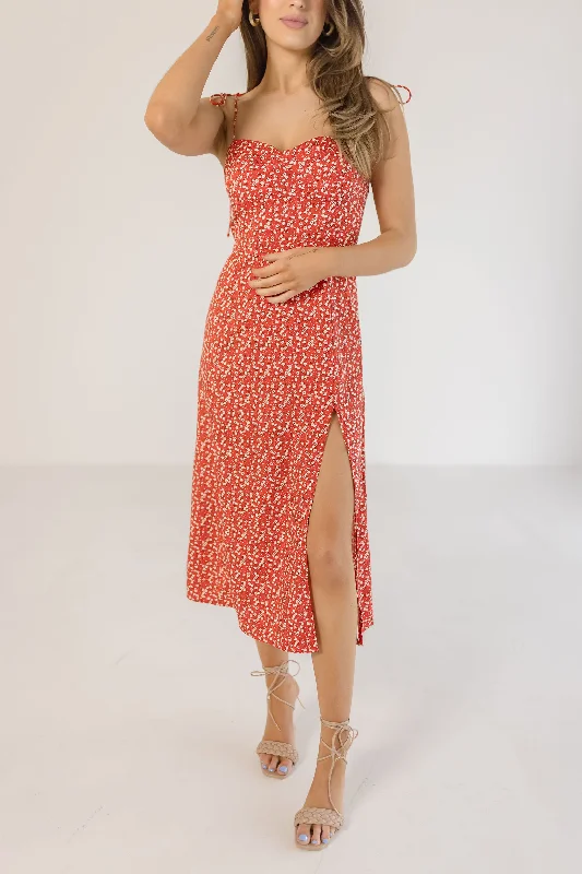 Betty Sleeveless Shoulder Tie Floral Print Midi Dress Red