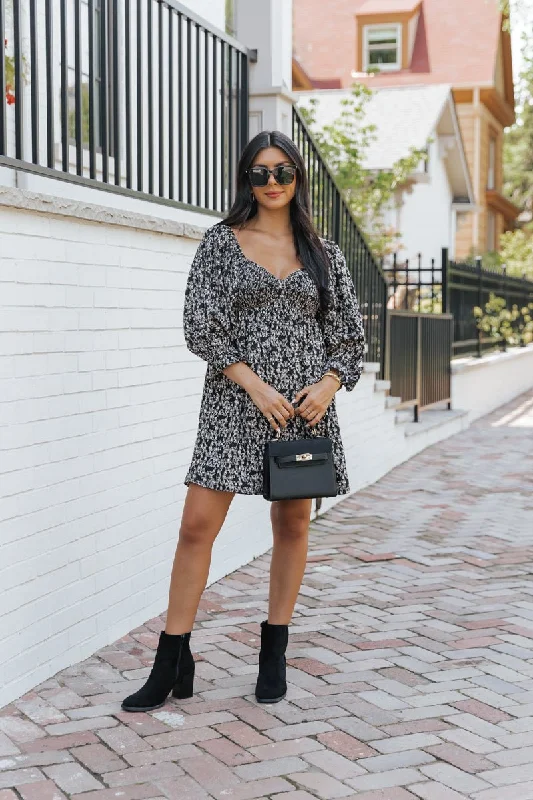 Black Floral Print Sweetheart Mini Dress