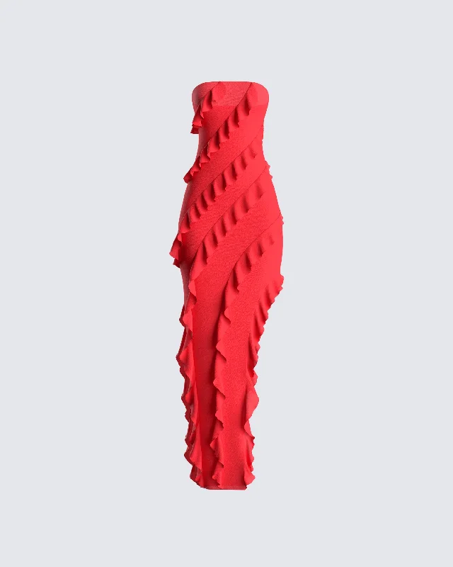 Blanche Red Mesh Ruffle Maxi Dress