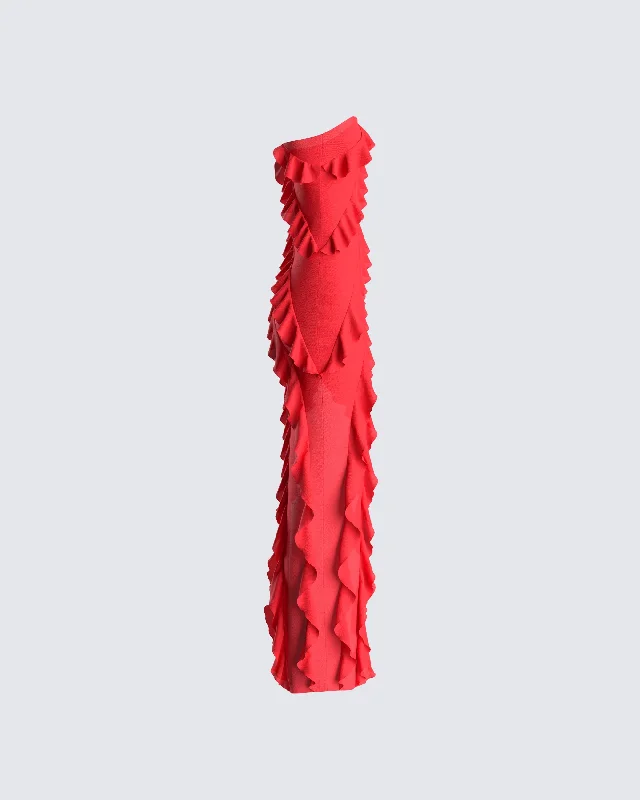 Blanche Red Mesh Ruffle Maxi Dress