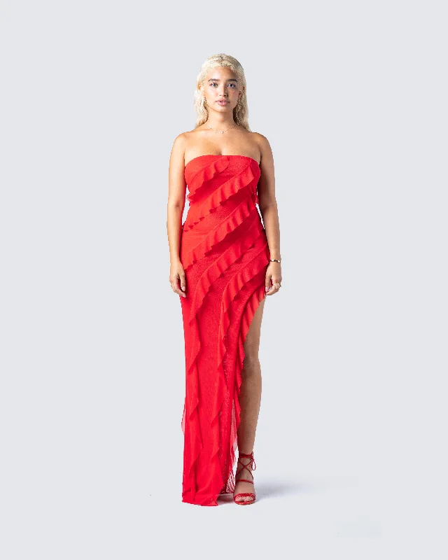 Blanche Red Mesh Ruffle Maxi Dress