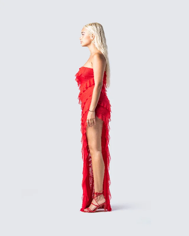 Blanche Red Mesh Ruffle Maxi Dress