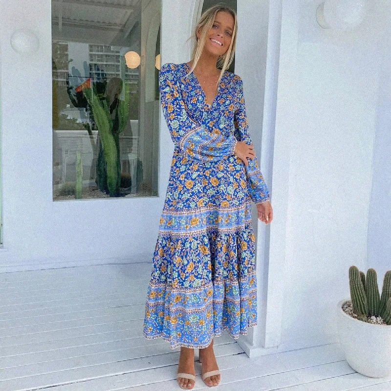 BerriesJam - Blue Floral Hippie Beach Boho Maxi Dress