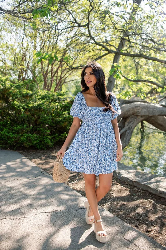 Blue Floral Print Pleated Mini Dress - FINAL SALE