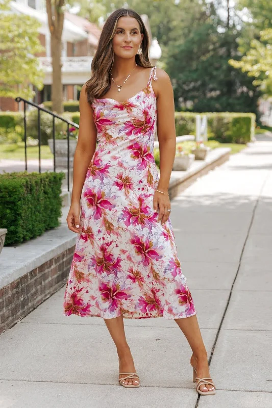 Blush Floral Print Satin Midi Dress - FINAL SALE