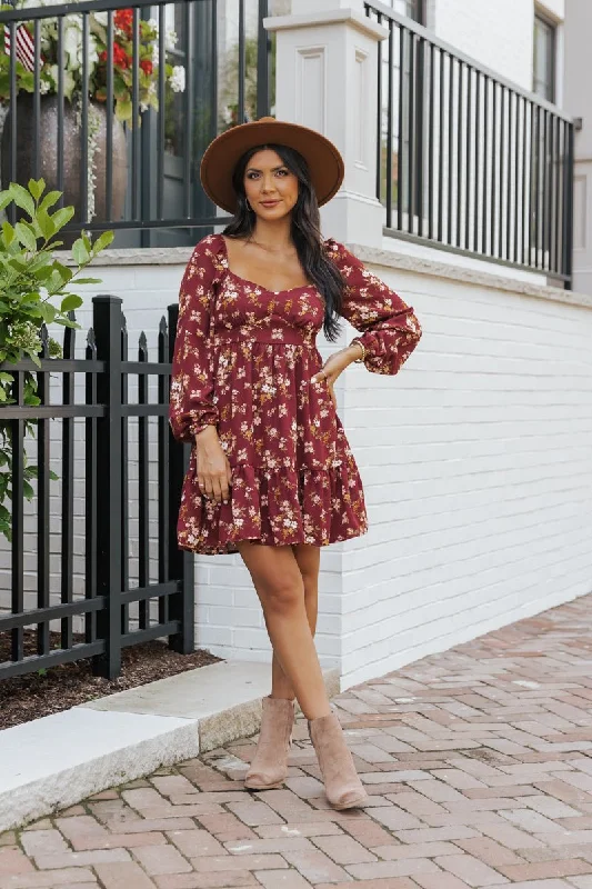 Burgundy Multi Print Long Sleeve Mini Dress