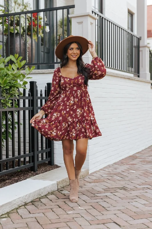 Burgundy Multi Print Long Sleeve Mini Dress